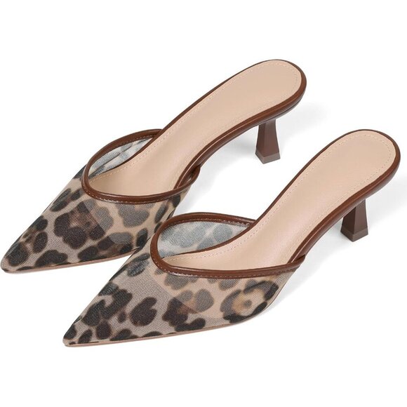 Mesh Leopard Closed Pointed Toe Stiletto Slingback Heels Black Mules for Women - Picture 2 of 7